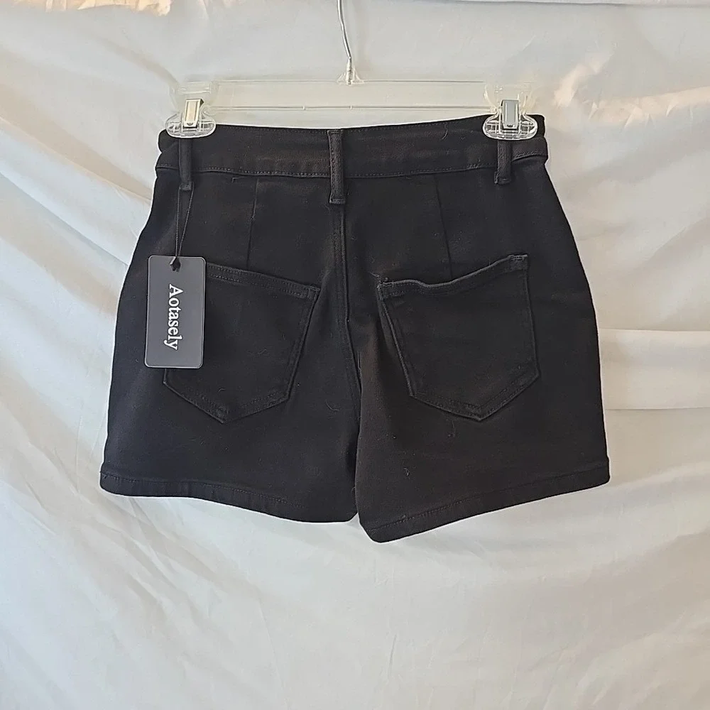 Aotasely Stretch‎ Jean Shorts Mid Waisted Juniors XS Black Denim NWT Festival